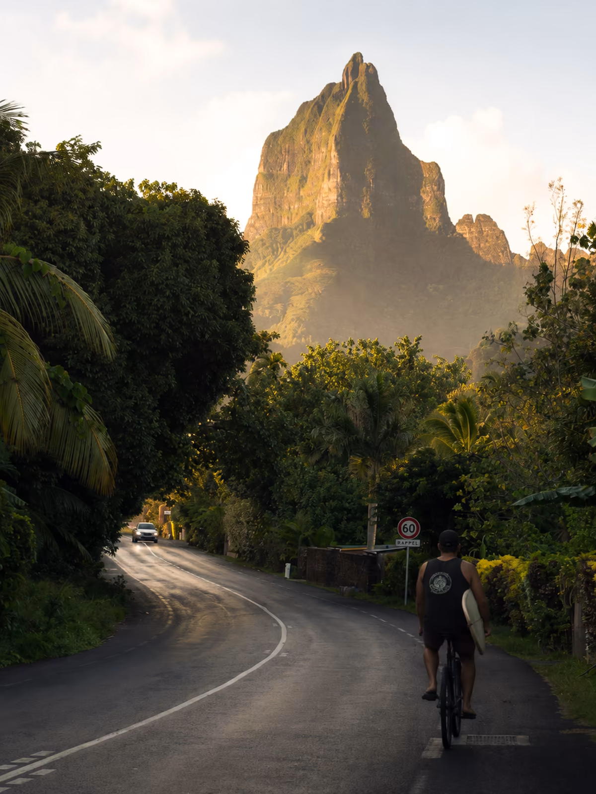 A Moorea road beneath the volcanic peaks of Opunohu