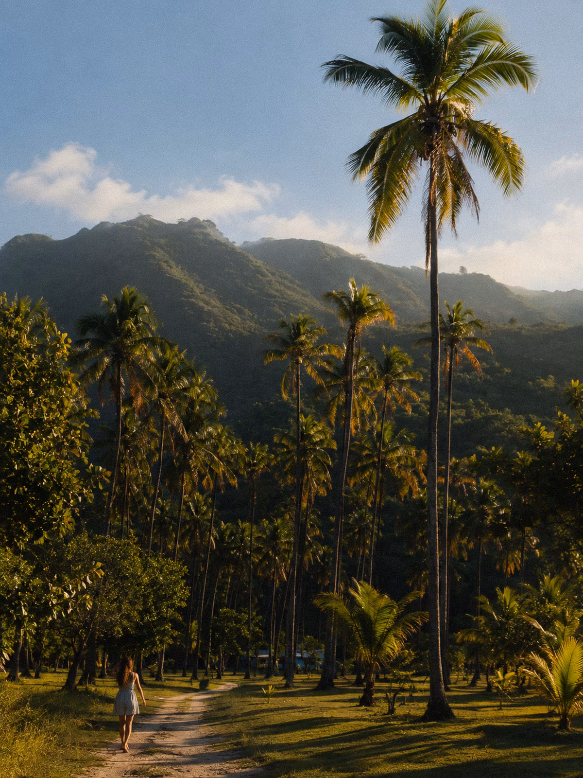 Palm-covered Moorea landscape in warm Pacific light