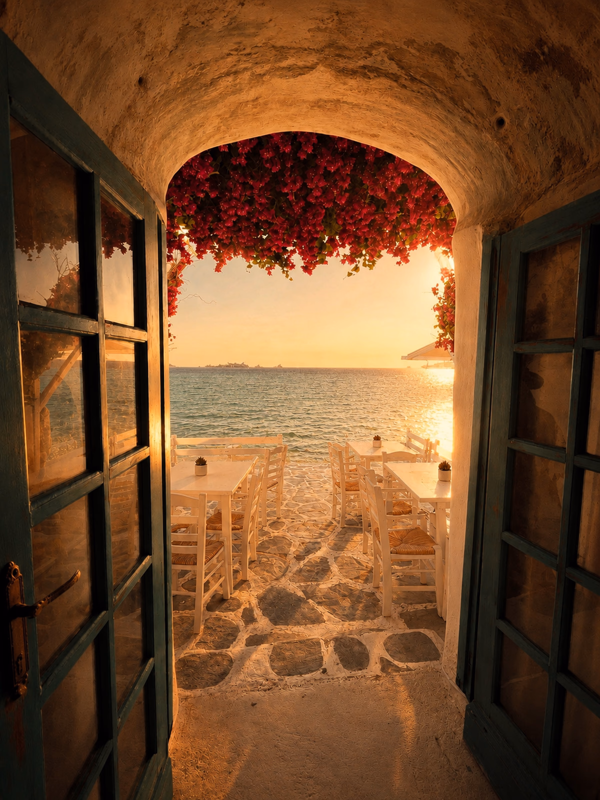 An empty Cycladic doorway framing the sea at sunset in Mykonos