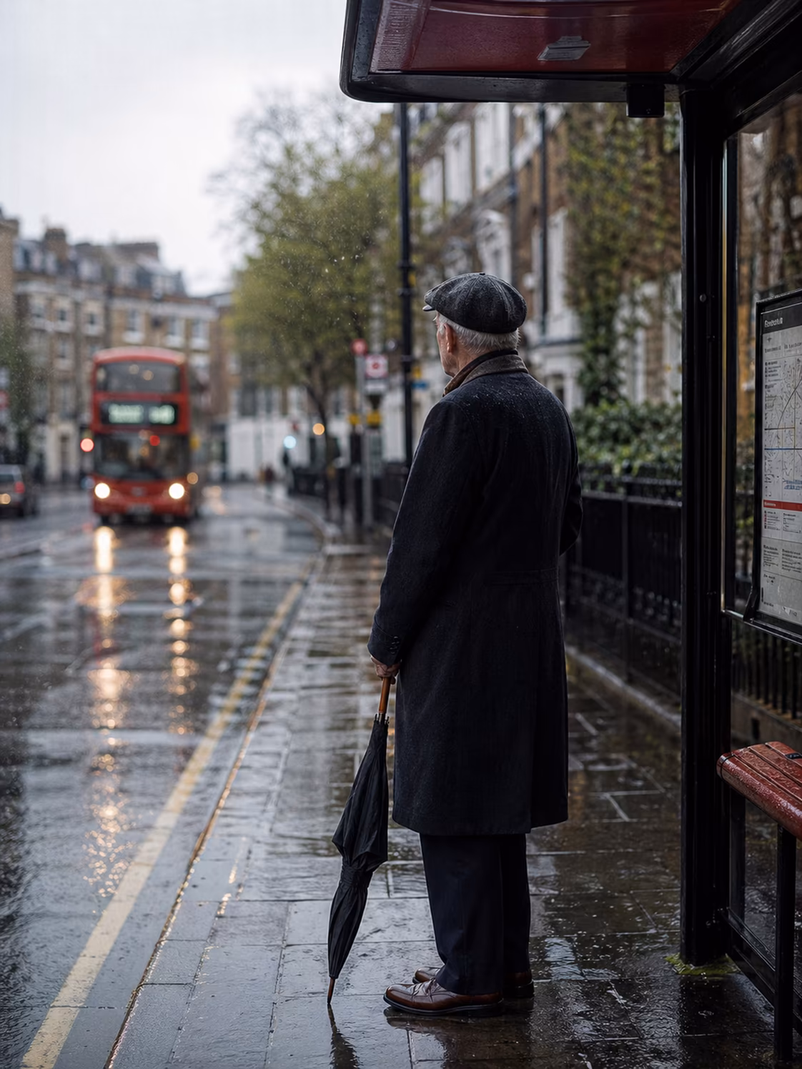 A back-facing traveller waiting at a London bus stop in the rain with no face visible