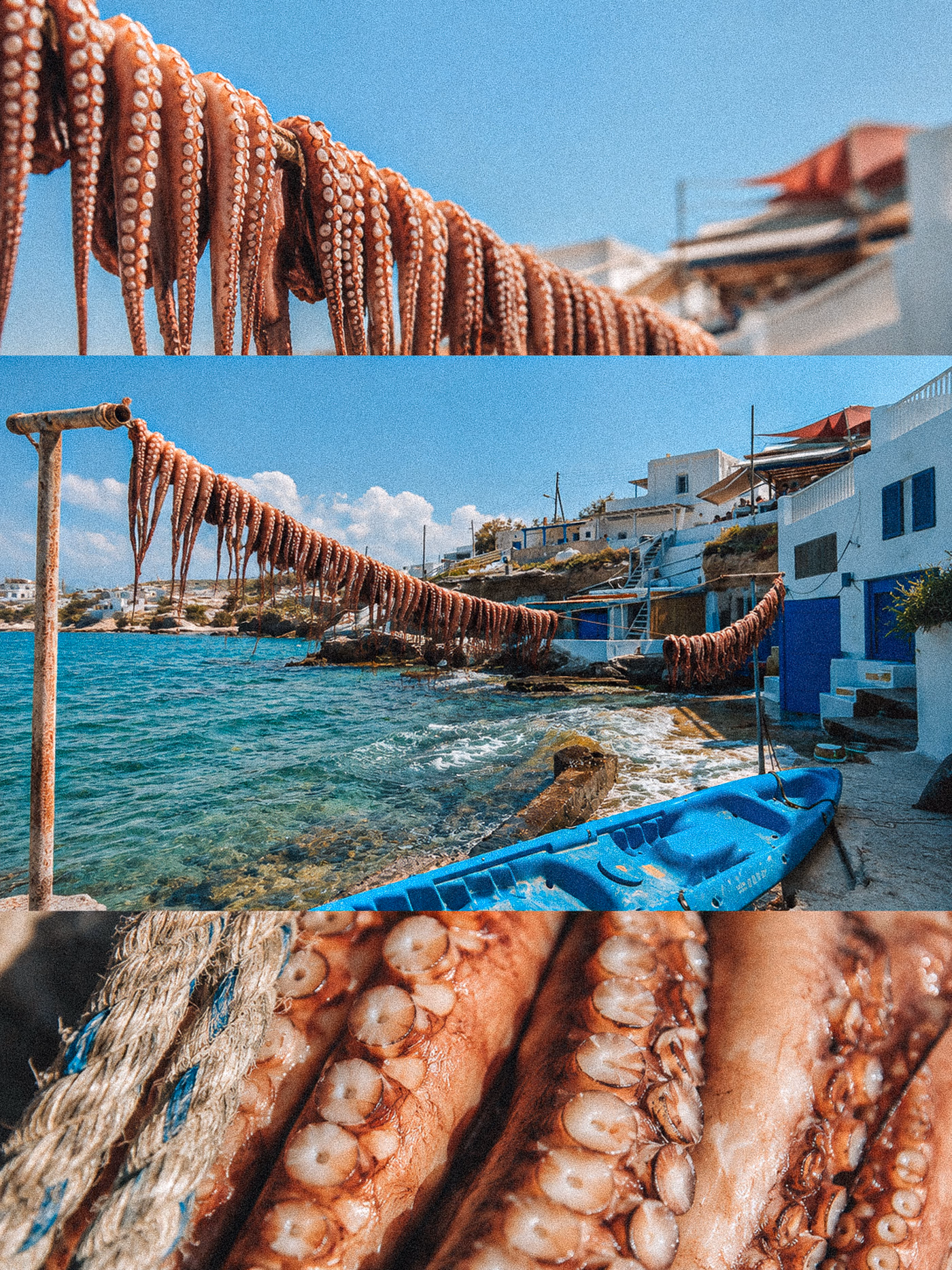 Three complete photographic studies of octopus drying and the Mandrakia waterfront on Milos