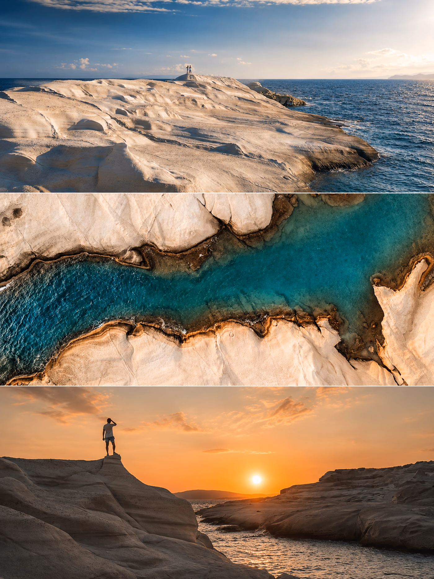 Three complete photographic studies of Sarakiniko rock, turquoise water and sunset light