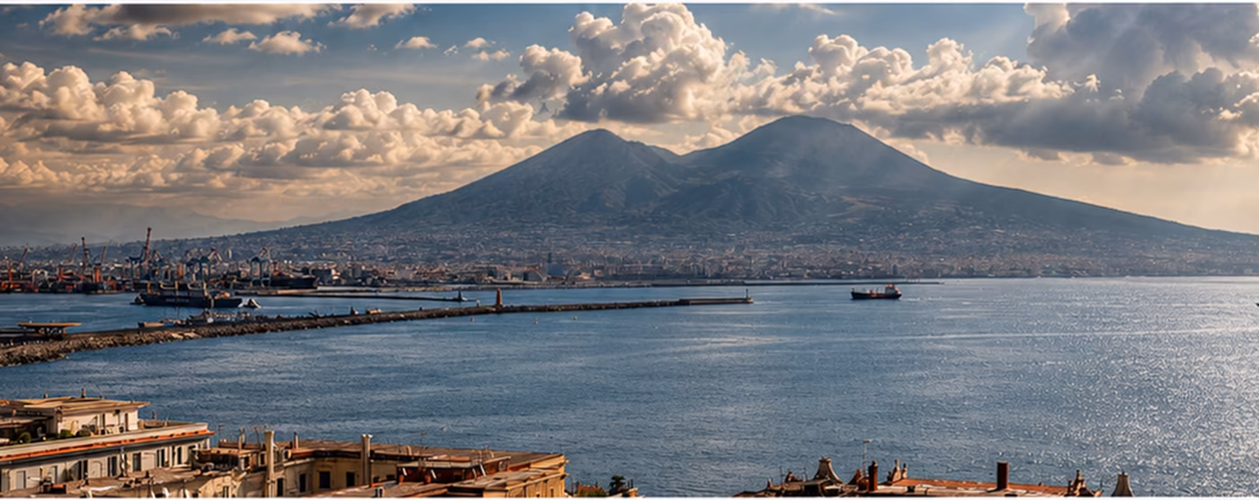 Mount Vesuvius rising beyond the Bay of Naples beneath sculpted clouds