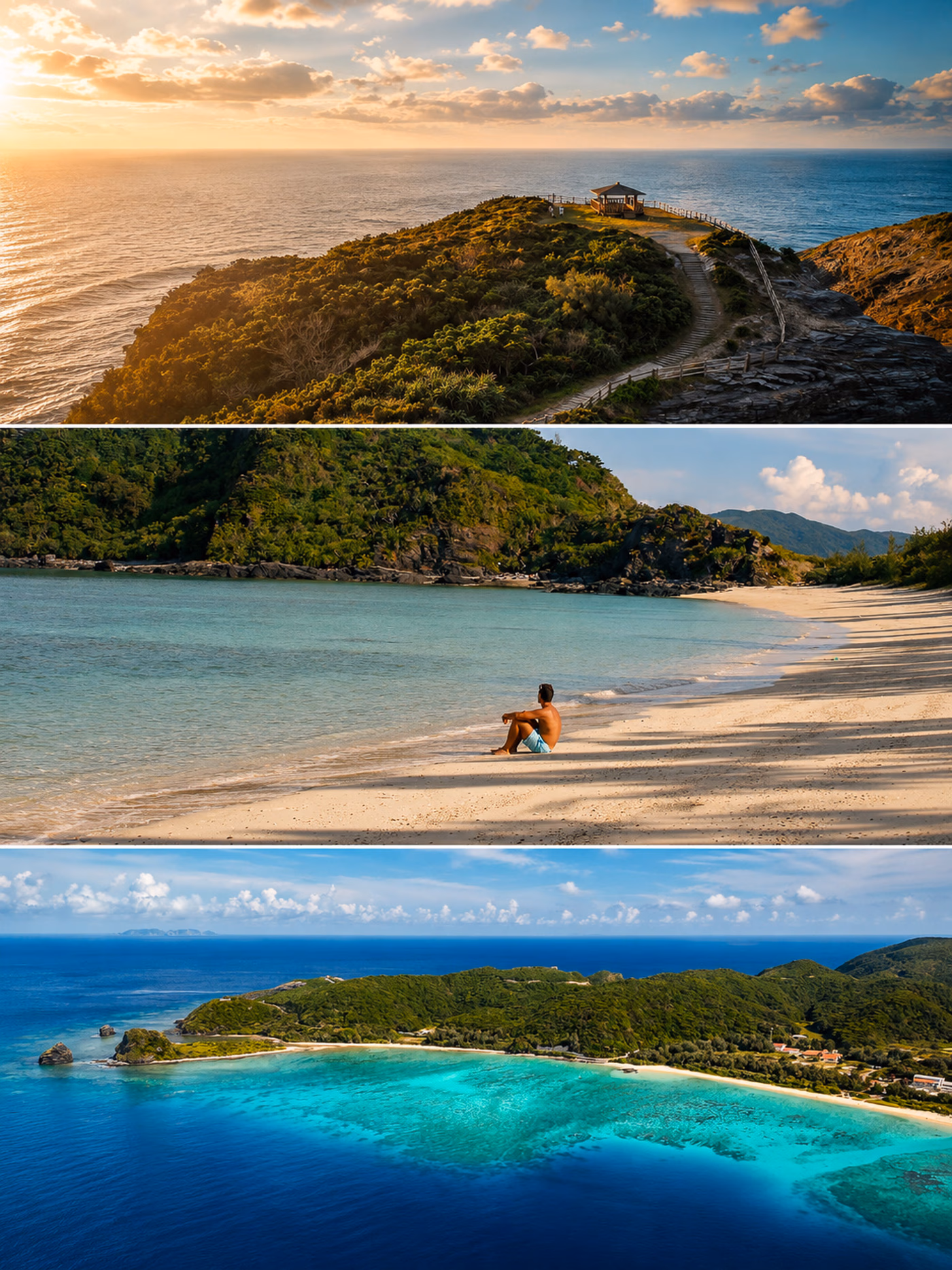Three complete photographic studies of Kerama sunset, beach quiet and turquoise island water