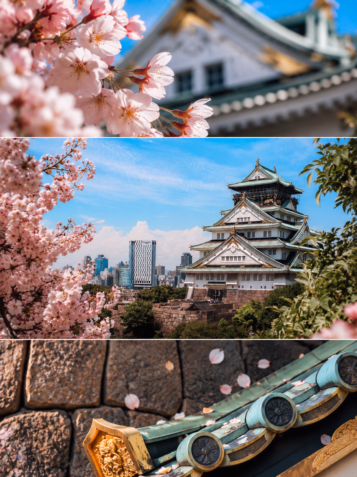 Three complete photographic studies of Osaka Castle and its architectural details