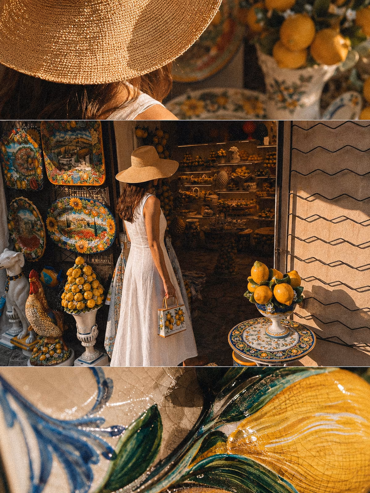 A three-frame sequence of Amalfi Coast lemons, ceramics and a visitor seen from behind