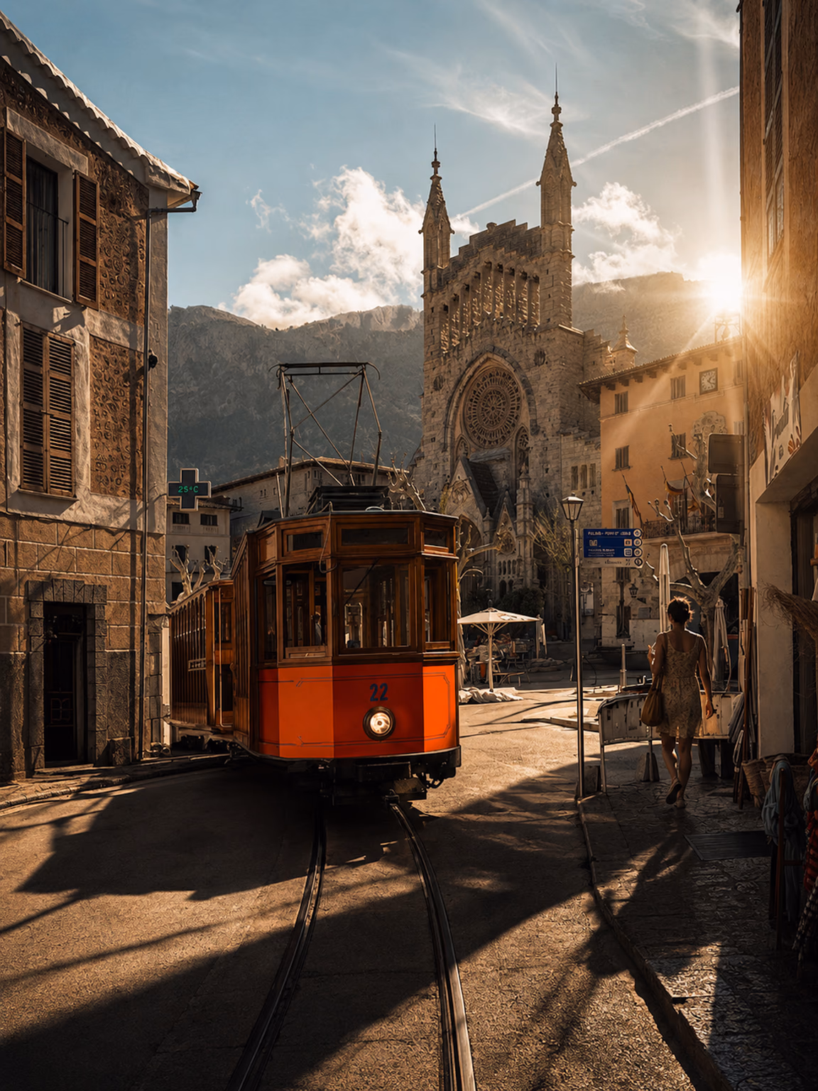 Historic tram and church in directional late-afternoon light, Golden Hour