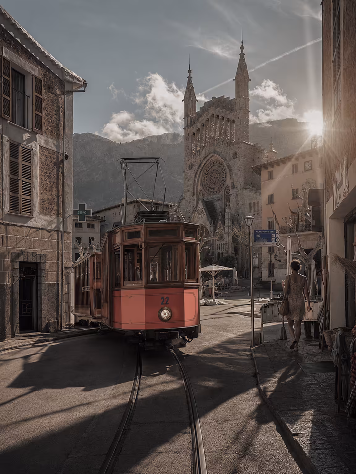 A Mallorca street scene transformed with the Golden Hour preset, original