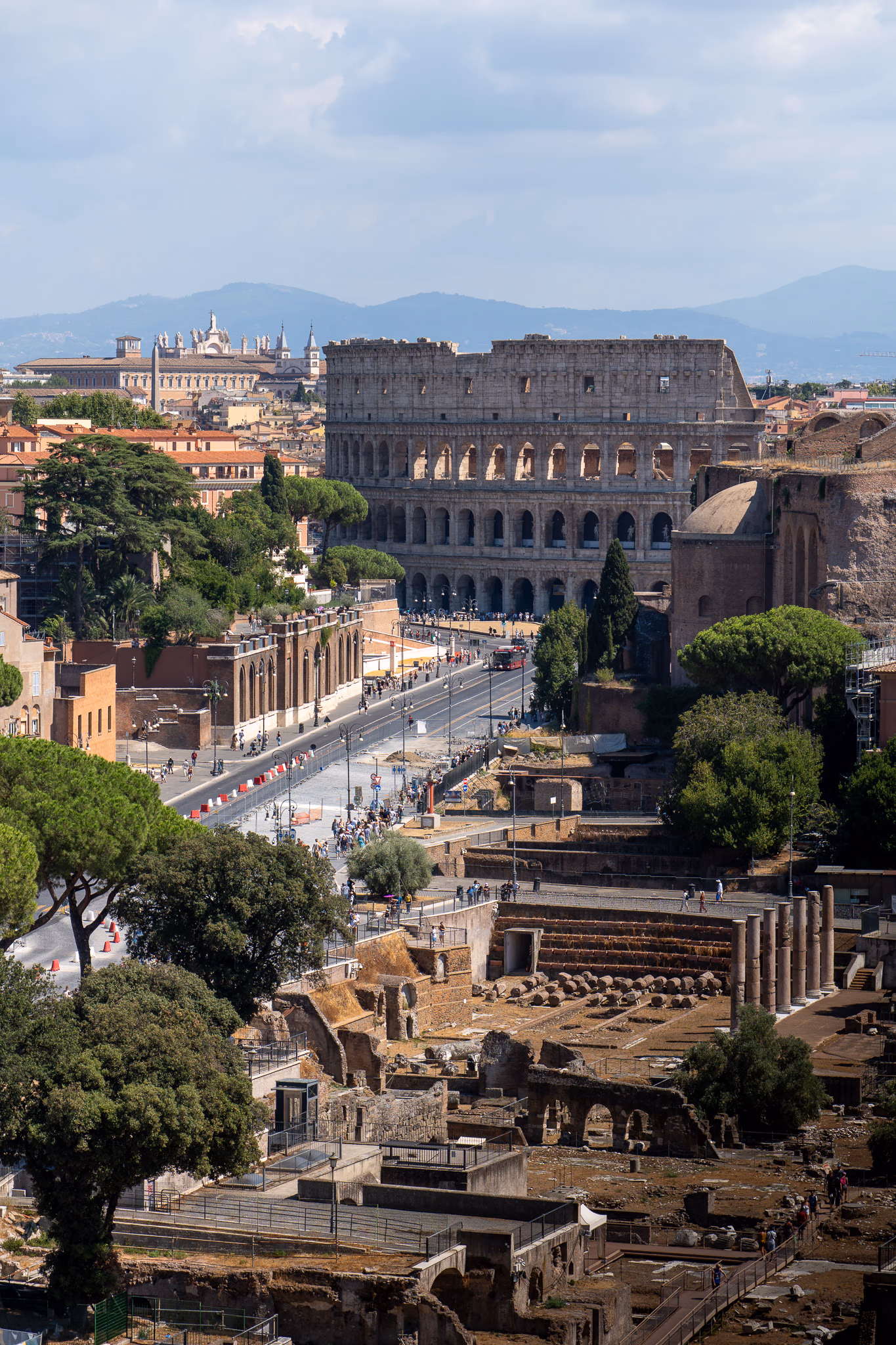 The Roman Forum and Colosseum seen across the archaeological landscape