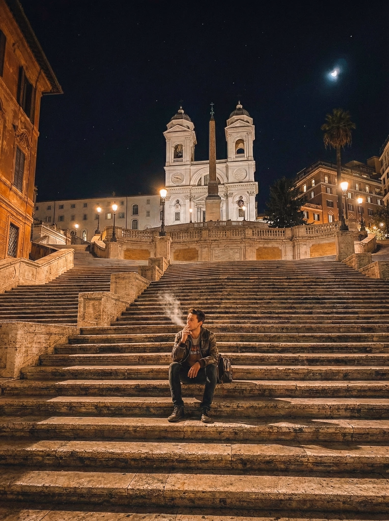 The Spanish Steps and surrounding architecture illuminated at night
