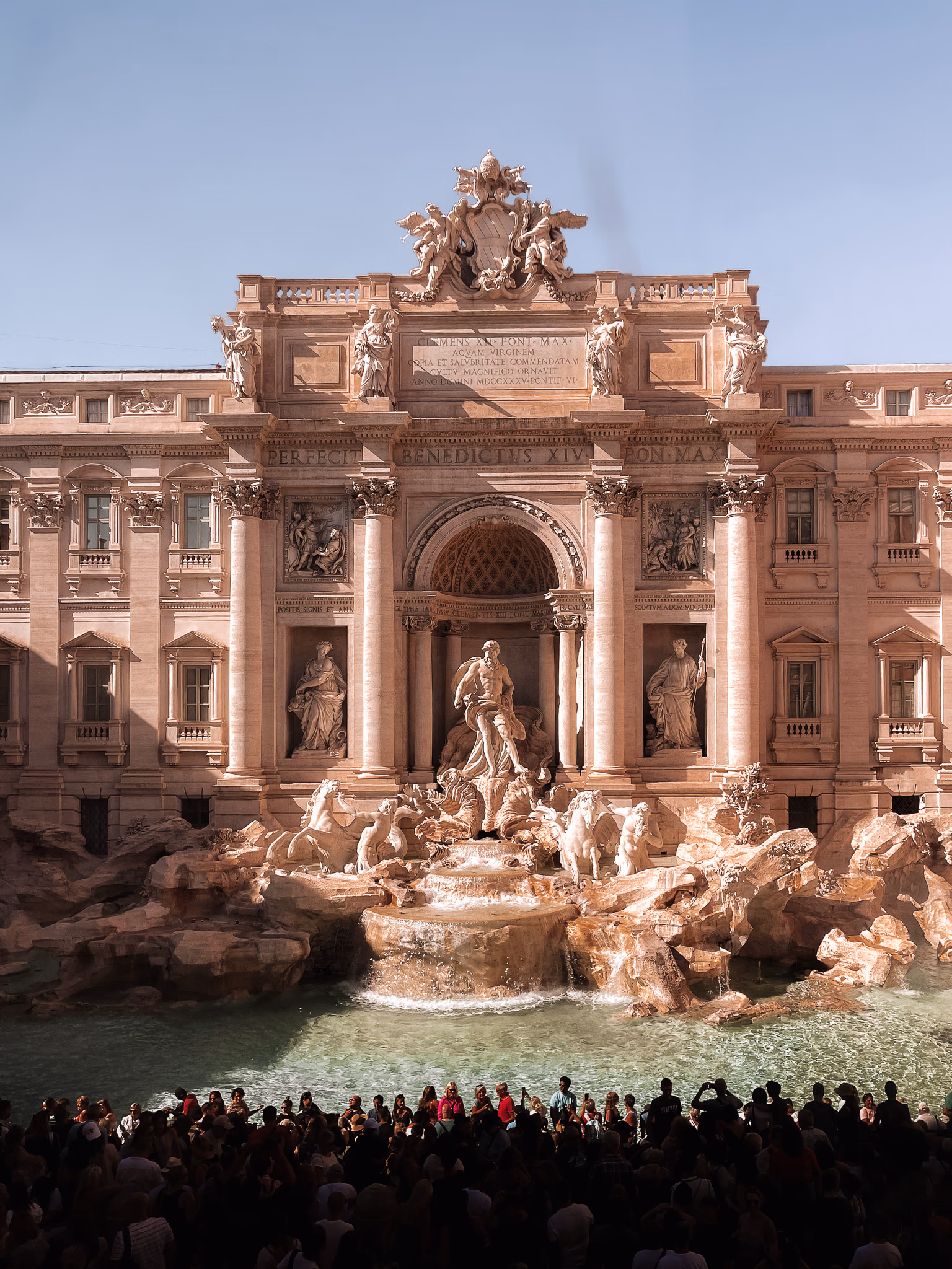The Trevi Fountain photographed in warm evening light