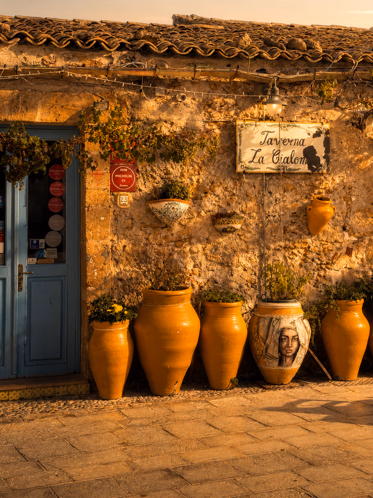 Hand-painted details and blue chairs at Taverna La Cialoma in Marzamemi