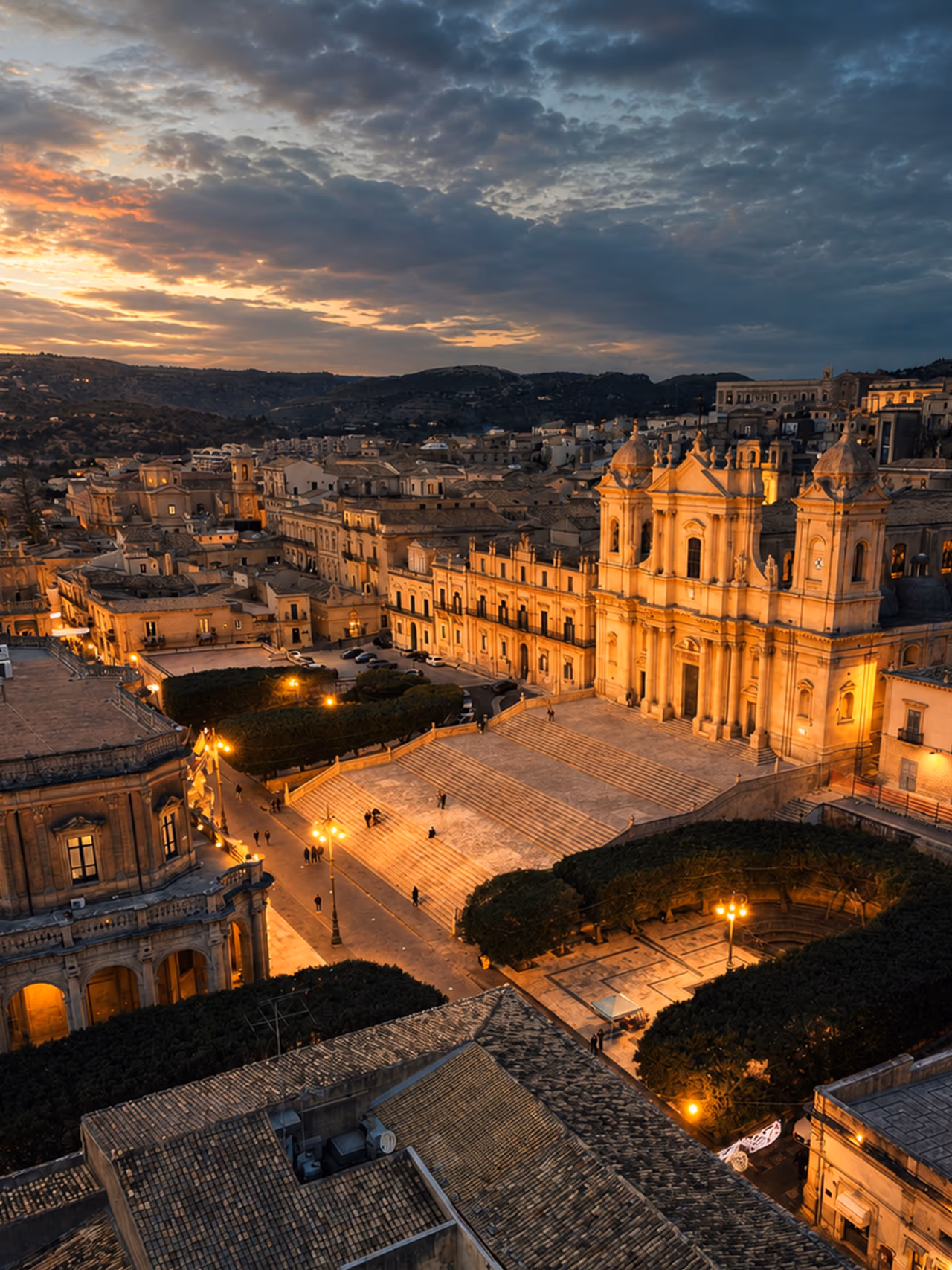Noto Cathedral and the baroque centre seen at blue hour