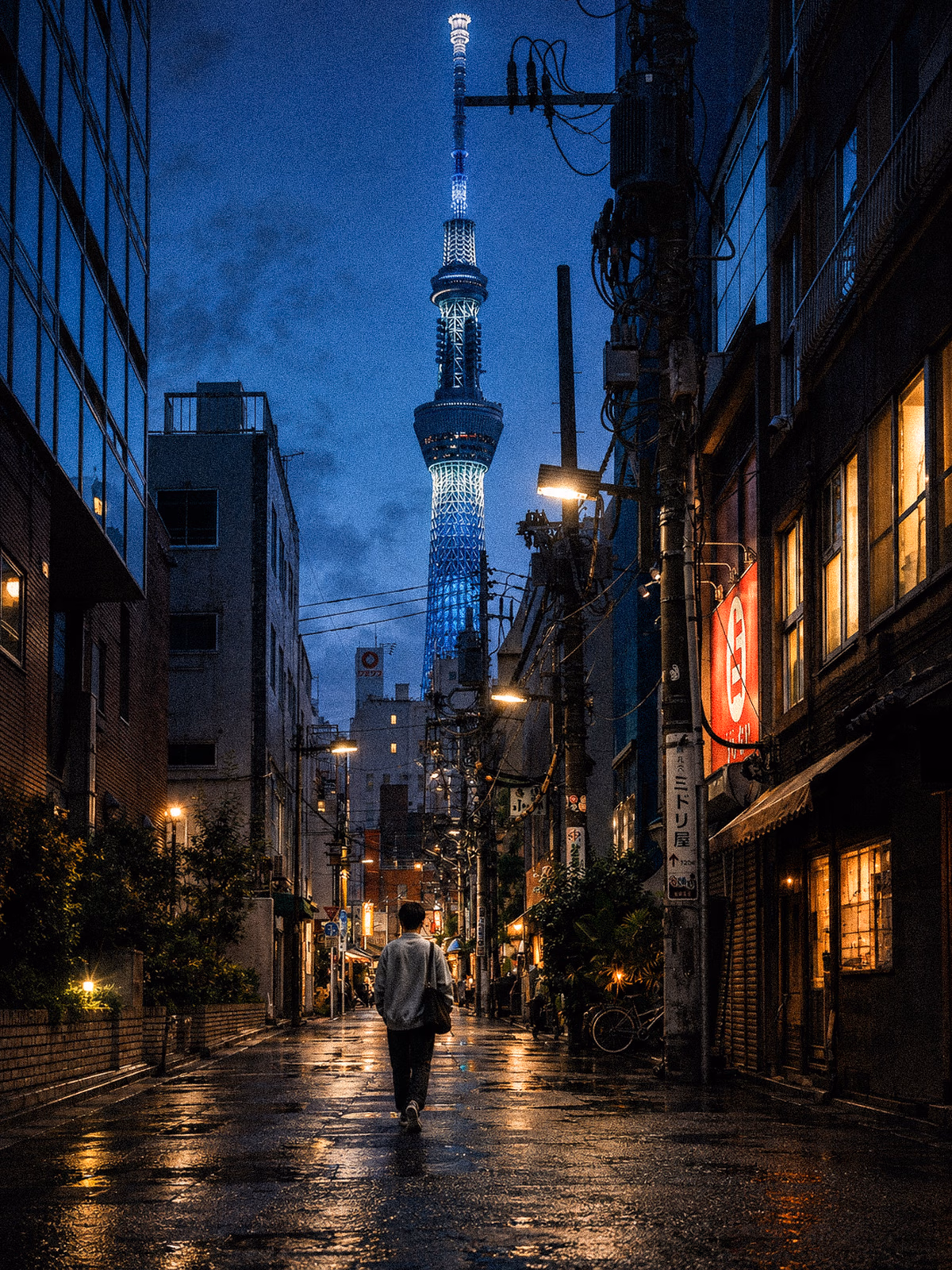 Tokyo Skytree rising beyond a wet neighbourhood lane with one back-facing unrecognisable pedestrian